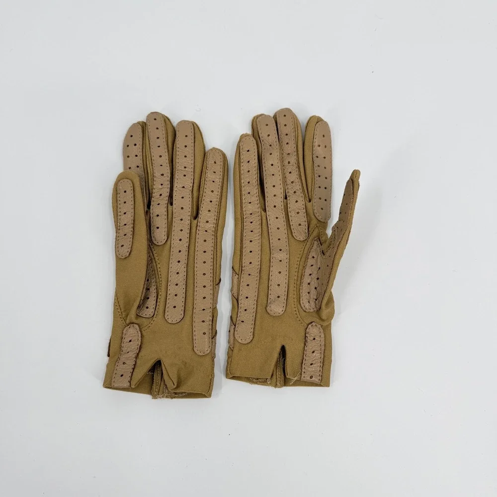 Isotoner Driving Gloves Chevron 90s Vintage Women One Size Tan Spandex Aris
